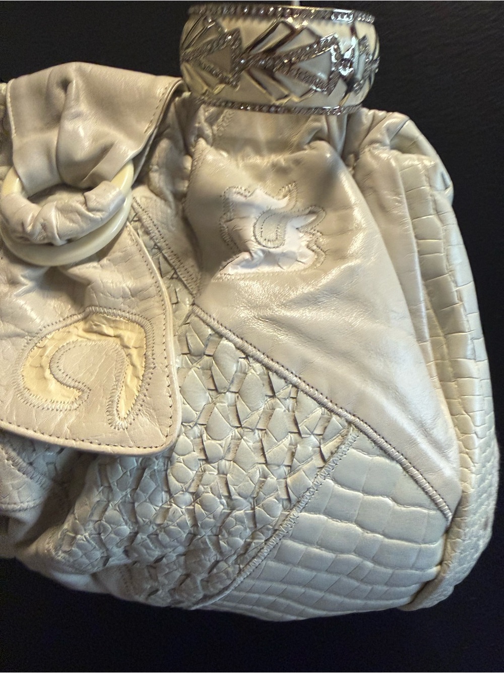 SHARIF Leather Cream Ivory Quilted Patchwork 1980 Shoulder Bag Quiet Luxury VTG - Picture 12 of 15